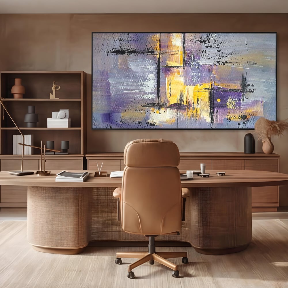 Tablou canvas cu pictura abstracta cu linii si pete, in rama de aluminiu negru, pe perete intr-un birou